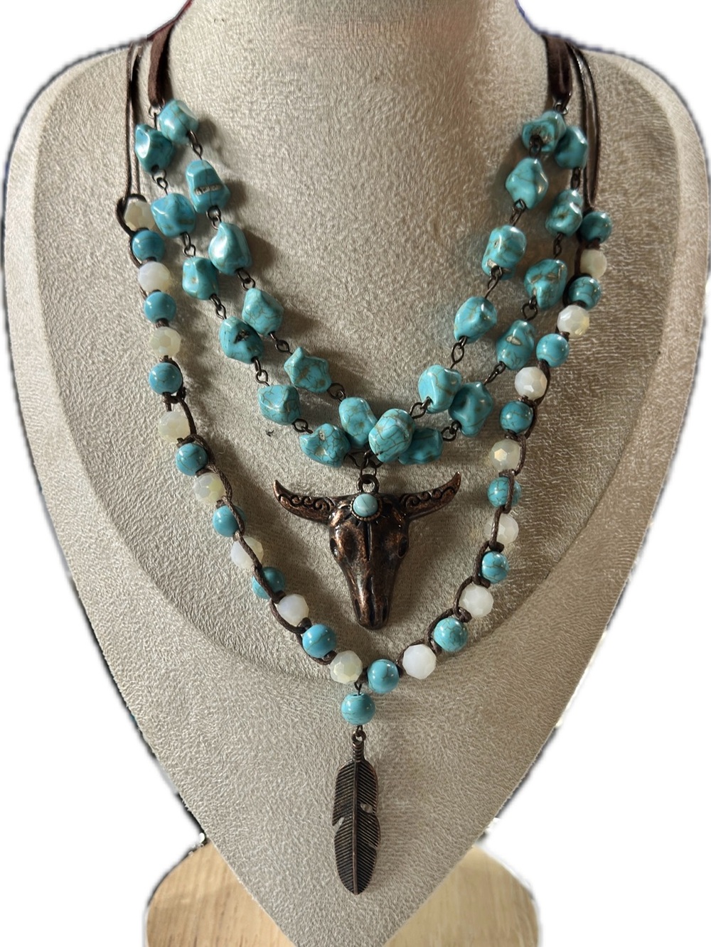 Shyanne Turquoise and White Layered Necklace with Bull and Feather Charms - Picture 3 of 4